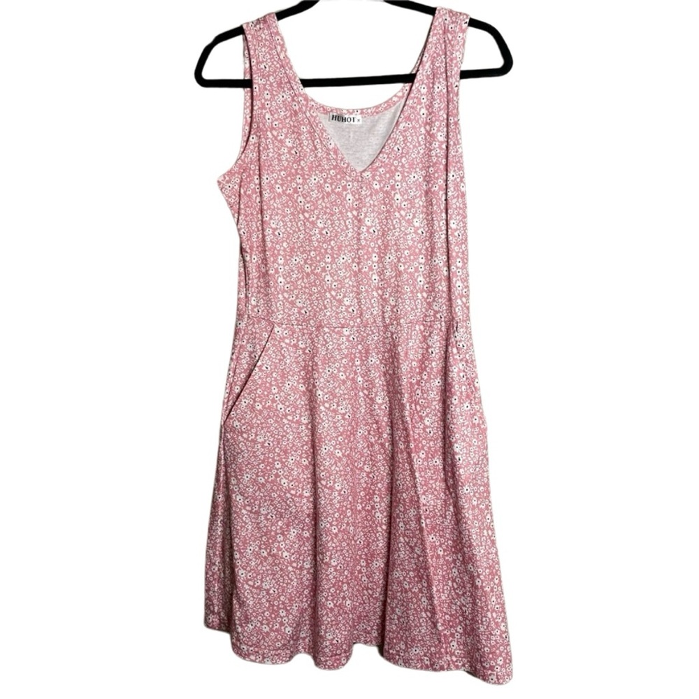 Huhot Midi Dress Women’s M Pink Ditsy Floral V Neck Pockets Stretch